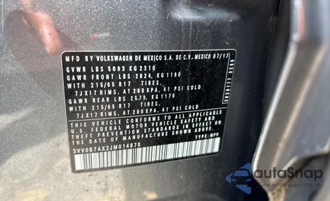 2018 Volkswagen Tiguan S из США, поврежденный, VIN 3VV0B7AX2JM014870